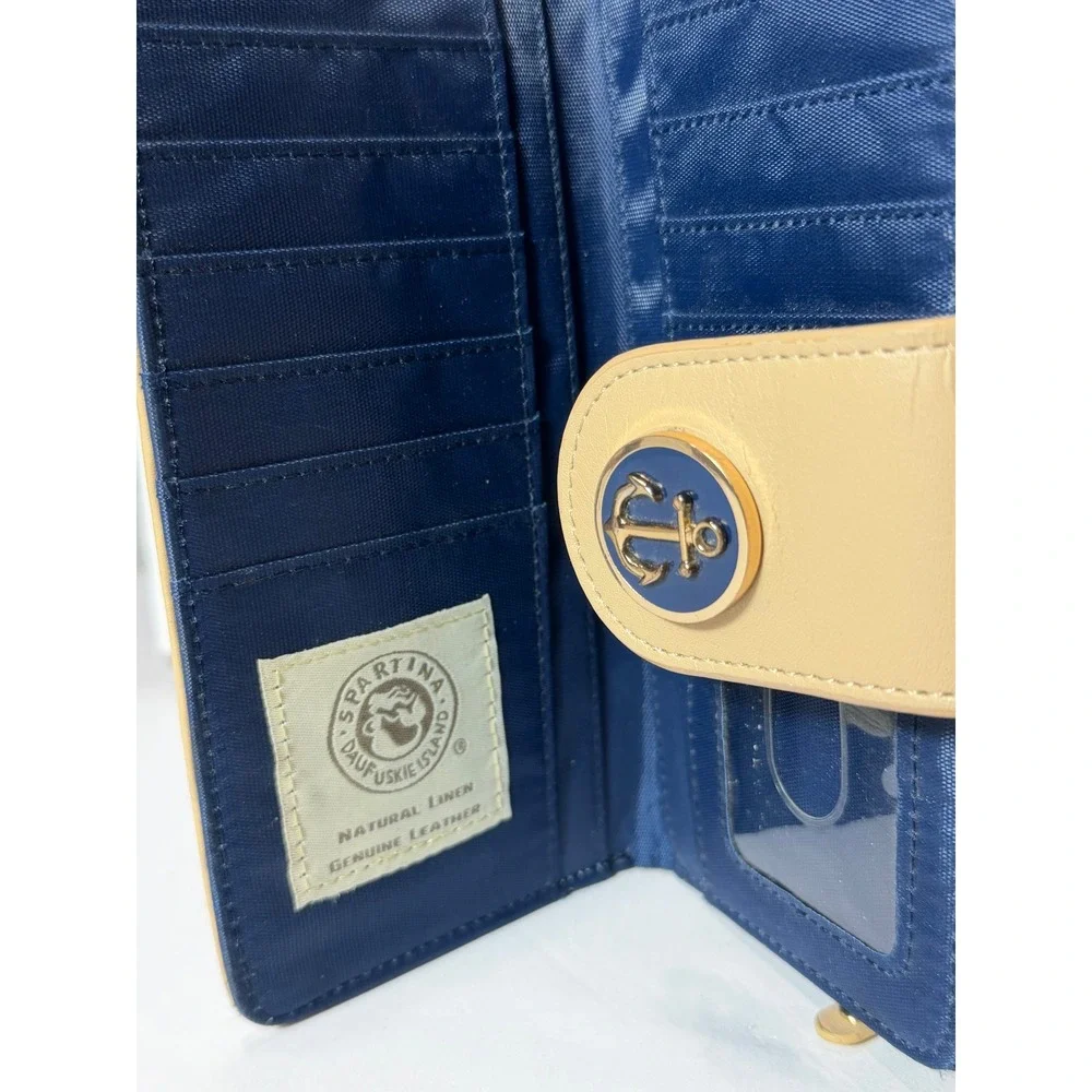 Spartina 449 Daufuskie Island Anchor Linen Leather Continental Wallet Navy Tan